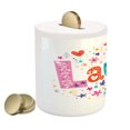 thumbnail image 2 of Laura Piggy Bank, Girl Name with Vintage Doodle Style Flowers and Stars Colorful Illustration, Ceramic Coin Bank Money Box for Cash Saving, 3.6" X 3.2", Multicolor, by Ambesonne, 2 of 4