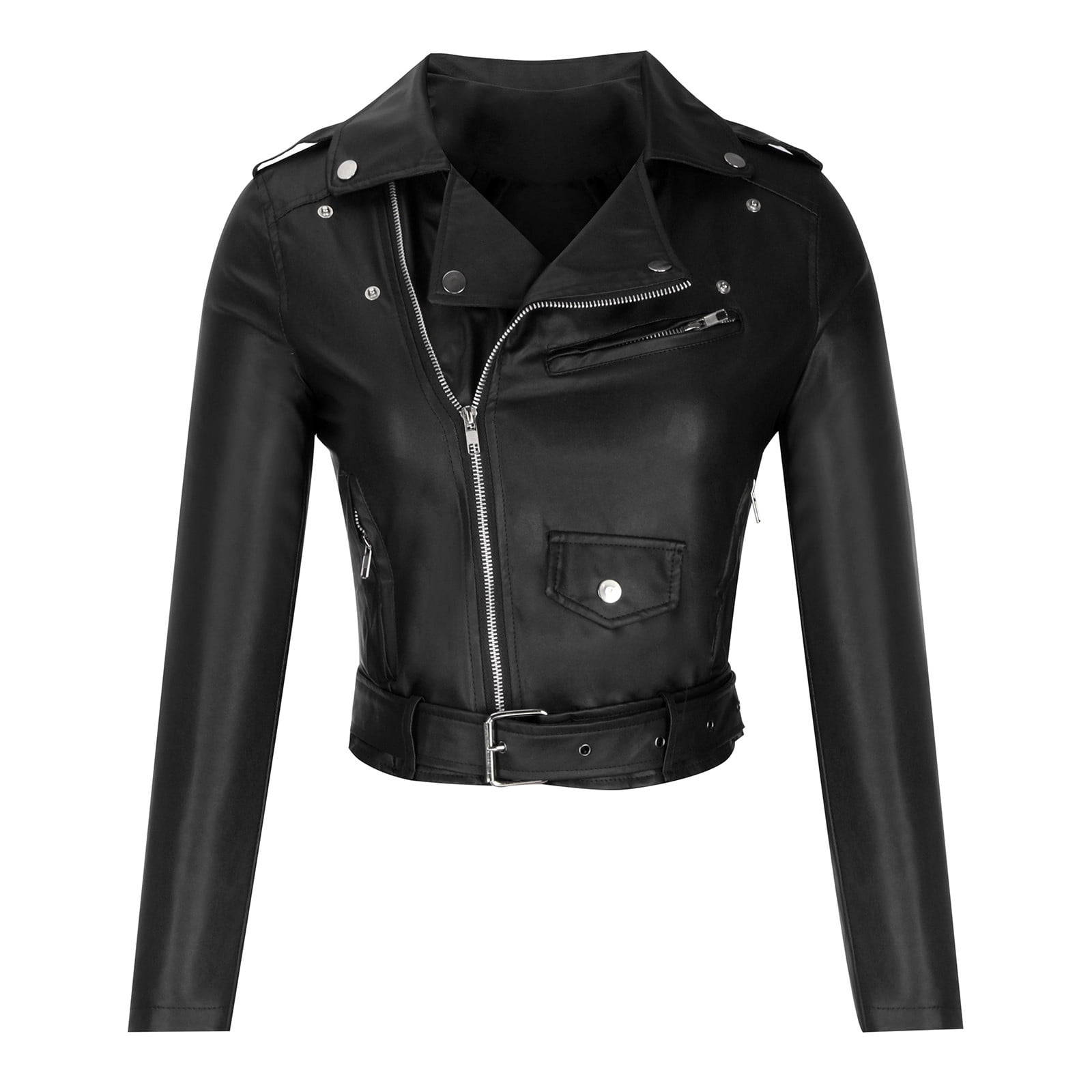 QATAINLAV Womens Cropped Faux Leather Moto Jacket Casual Short Zip-up Slim Biker Coat with Belt Fall Winter Long Sleeve Outwear, Black, XXXL