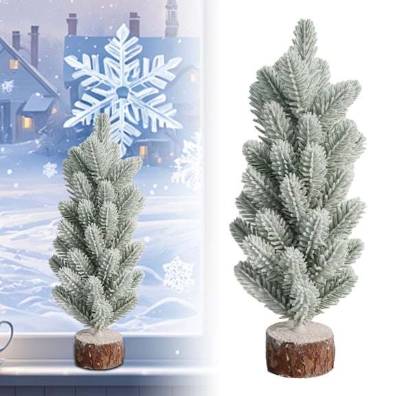 Snow Tabletop Christmas Trees, Flocked Artificial Mini Pine Trees with Wood Stand for Xmas Holiday Table Centerpiece Decor