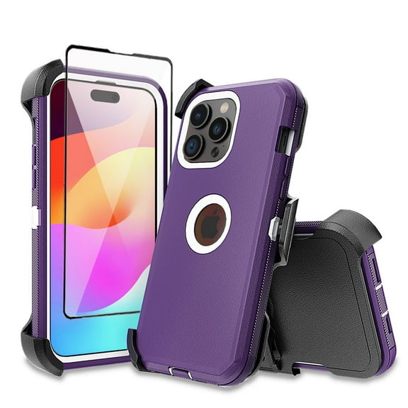 Xhy for iPhone 15 Case with Screen Protector and Belt Clip Holster Military Grade Heavy Duty Protection 3 in 1 Shockproof Armor Rugged Durable iPhone 15 6.1 inch 2023 Phone - Purple White