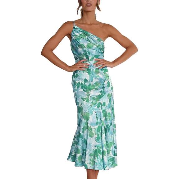 XIAOCHA Summer Chic Dress for Women One Shoulder Floral Printed Ruched Party Midi Dresses
