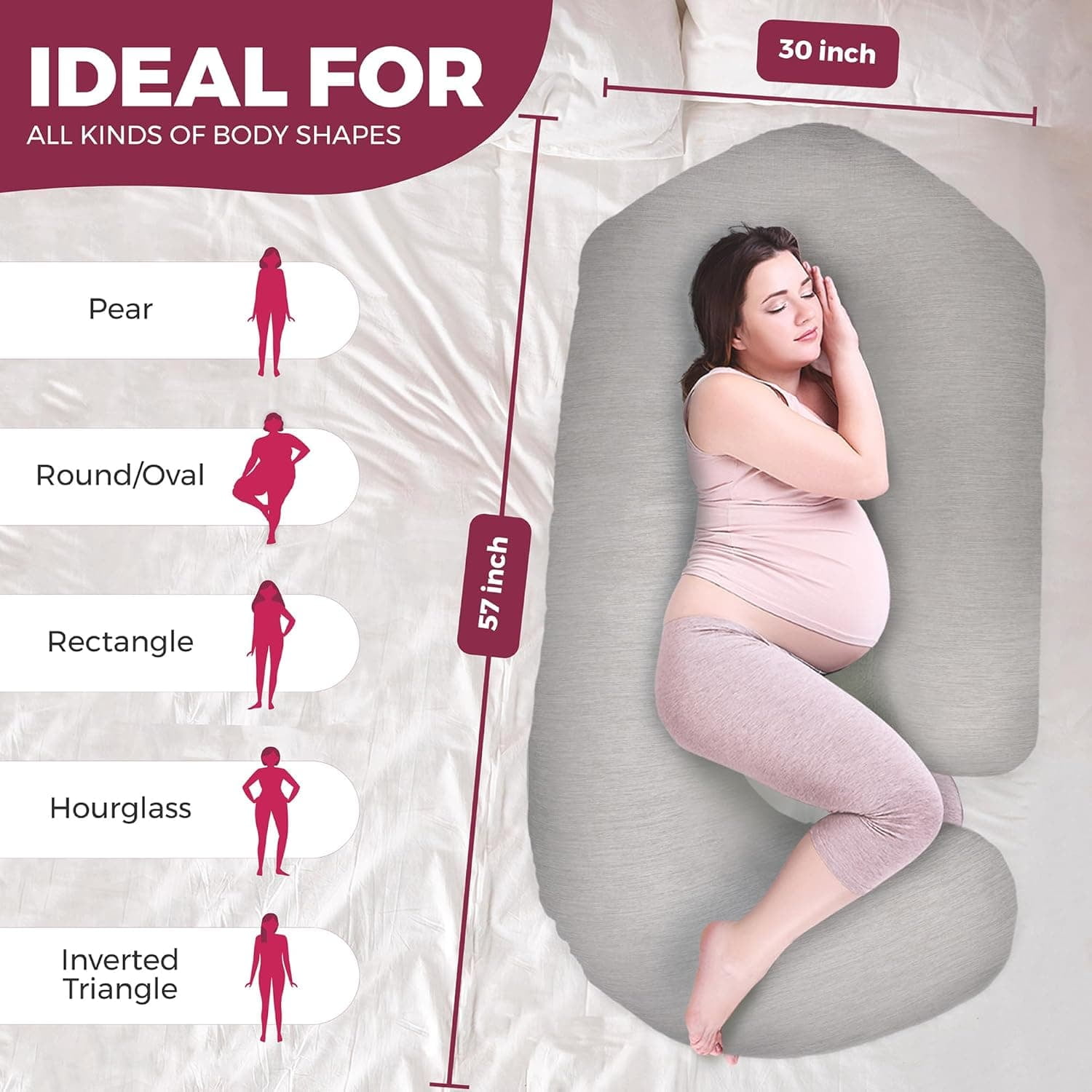 Cooling Pregnancy Pillows for Sleeping – 57-Inch Maternity Pillow for Pregnant Women with Removable Washable Cover – Support for Back, Belly, Neck, Legs, & Hips – V C U Shaped Full Body Pillow