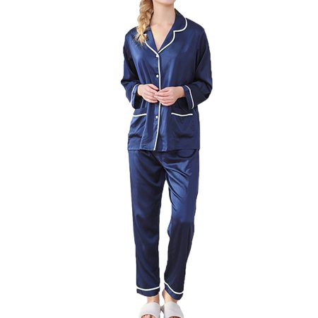 

YWDJ Pajamas for Women Soft Comfy Fashion Silk Womens Solid Color Satin Button-Down Pajamas Set Bride Sleepwear Blue L