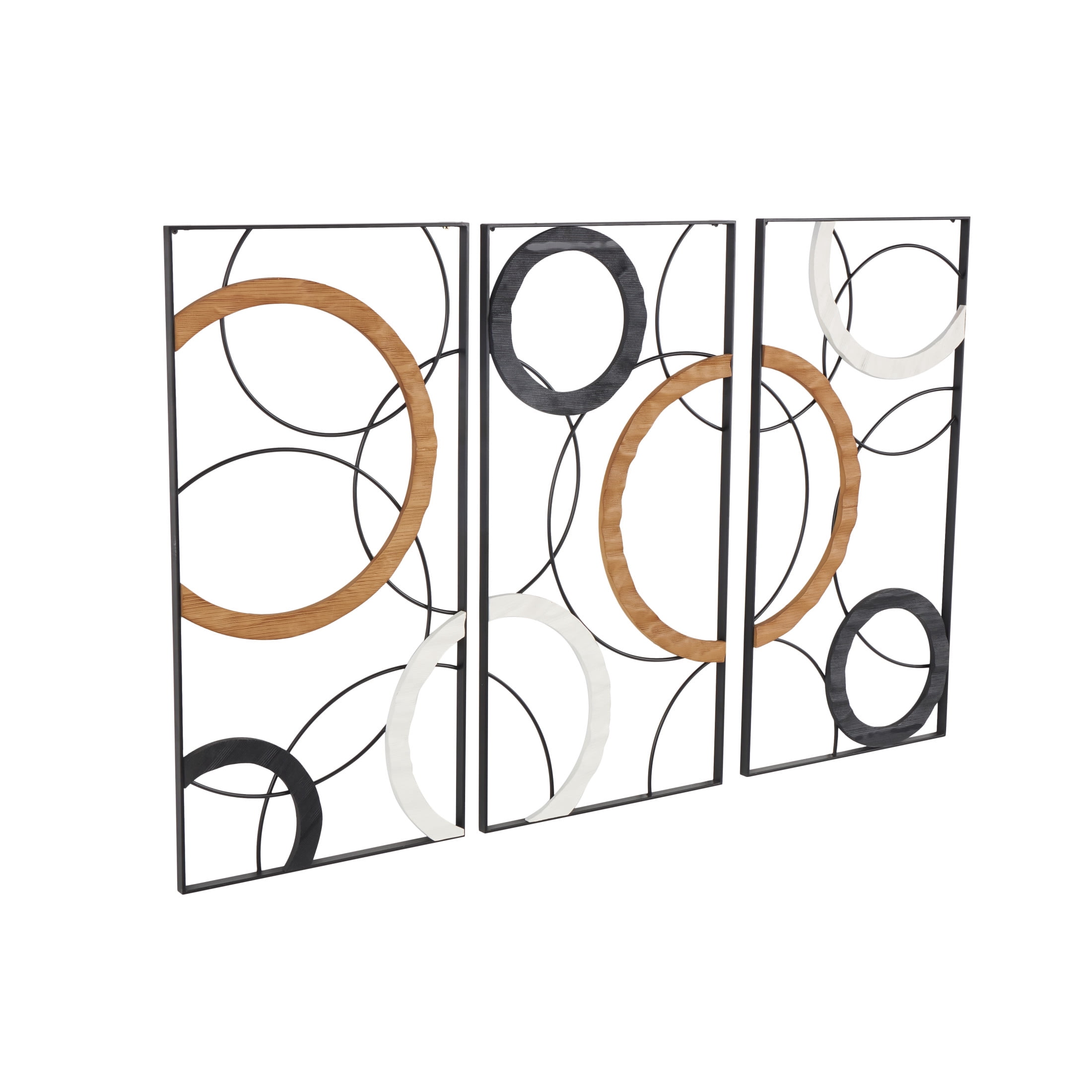 DecMode Black Metal Overlapping Circles Geometric Wall Decor with Brown and White Wooden Accents (3 Count)