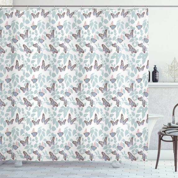 Butterfly Shower Curtain, Beautiful Flying Wild Nature Insects Pattern on Silhouette Leaves Background, Fabric Bathroom Set with Hooks, 69W X 70L Inches, Multicolor, by Ambesonne