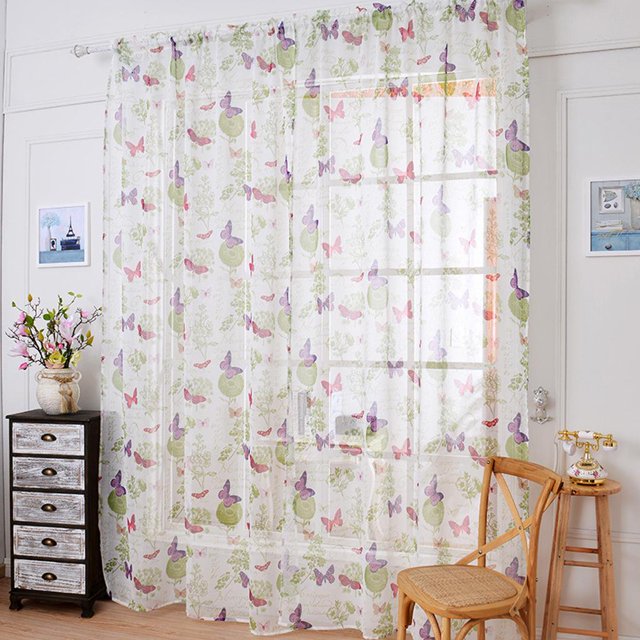 Mariposas Flores Voile Cortina De Ventana Semi Cortina Barra De Bolsillo Para El Dormitorio De De Tratamiento 1.45x1.5m Soledad Paneles de cortinas Voile Sheer