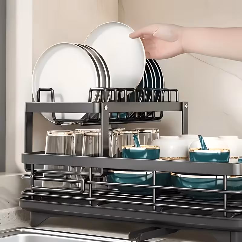 2-Tier Dish Drying Rack with Utensil Holder and Cutting Board Slot, Rust-Resistant Carbon Steel Kitchen Counter Dish Drainer, Large Capacity Organizer for Plates, Cups and Bowls