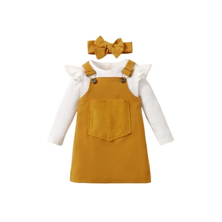 

ZAXARRA 3Pcs Baby Girls Kids Tracksuits Sets Solid Color Ribbed Tops Overalls Dress