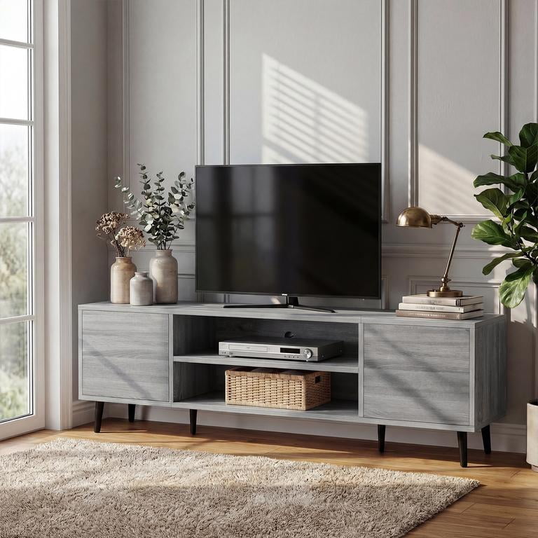 Vineego TV Stand for 65 Inch TV with 2 Push-to-Open Doors, Mid-Century Modern Media Console with Open Shelves, Entertainment Center for Living Room Bedroom, Gray