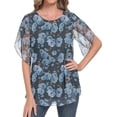 thumbnail image 3 of Aiyino Womens Ruffle 3/4 Sleeve Mesh Blouses Loose Flowy Tops Stretchy Shirts，Floral Grey Blue, 3 of 8