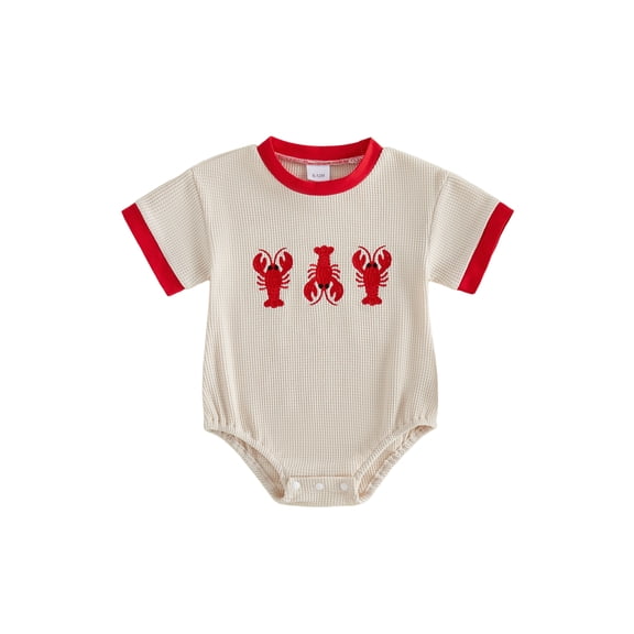 BemeyourBBs Newborn Baby Boy Girl Crayfish Outfit Infant Baby Summer Clothes Waffled Bubble Romper Lobster Embroidery Short Sleeve Crew Neck Bodysuit Jumpsuit