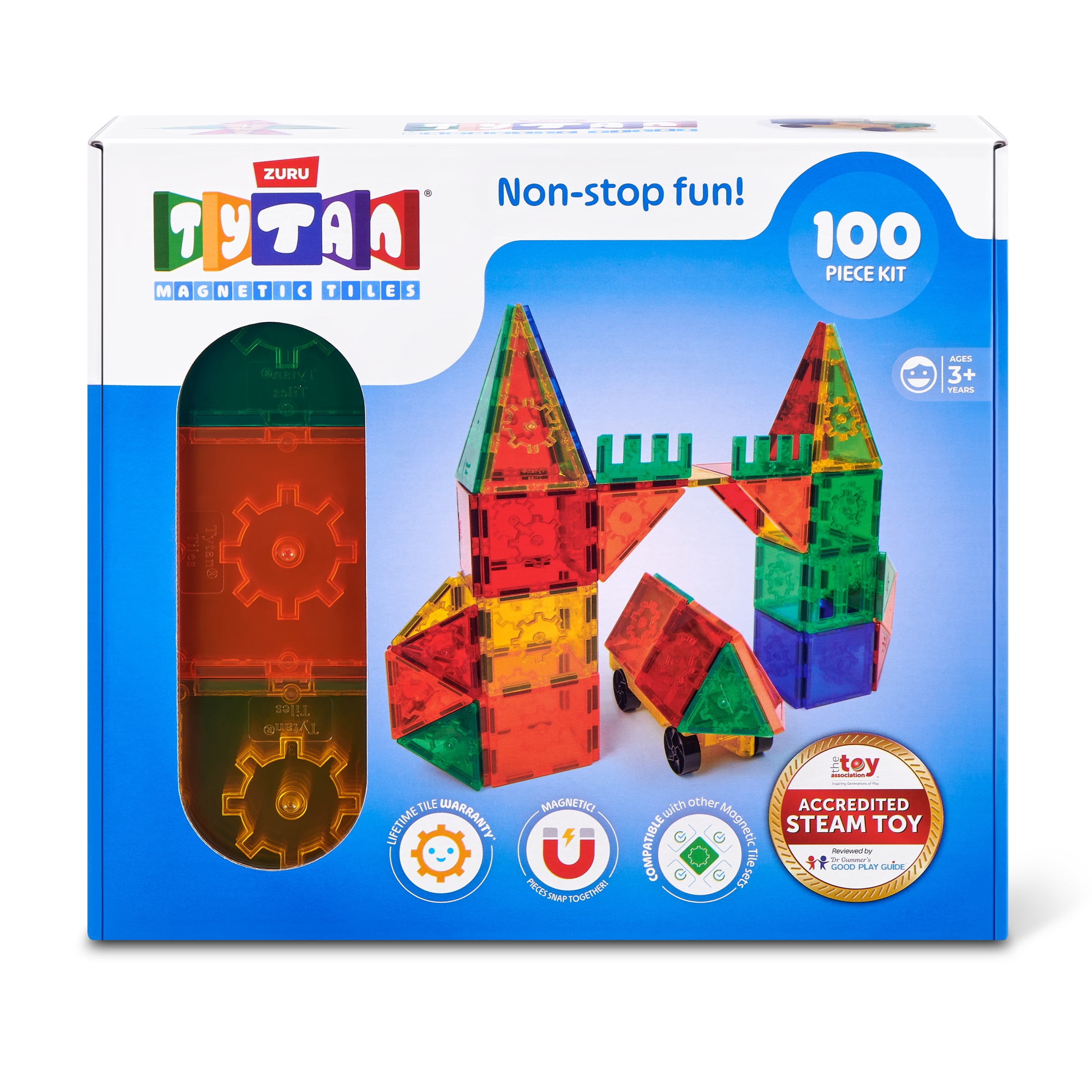 TYTAN Magnetic Tiles 100-Piece Building Set by ZURU – Colourful STEM Construction Toy with Assorted Shapes, Wheeled Base for Movable Builds, and Carry Bag for Easy Storage, for Kids Ages 3+