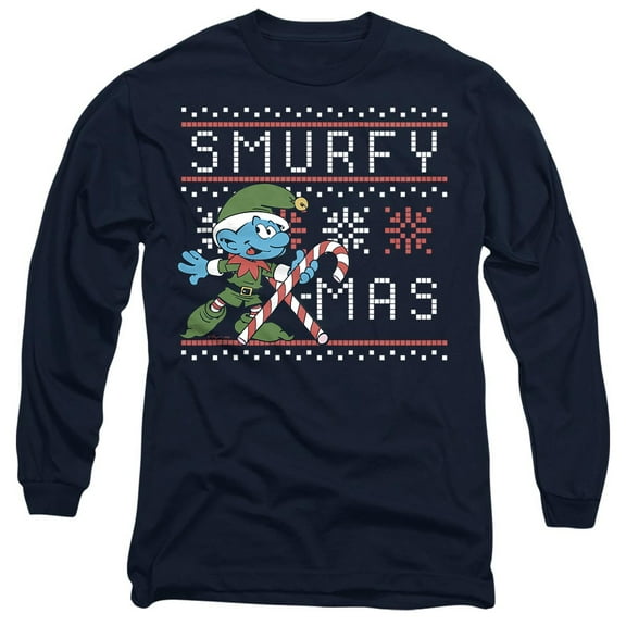 Smurfs Christmas Smurfy Candy Cane X-mas Unisex Adult Long-Sleeve T Shirt, Navy, X-Large