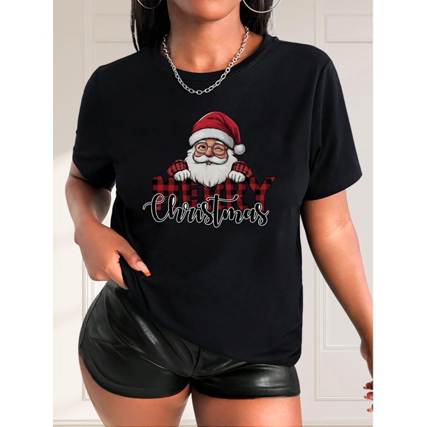 Christmas Santa Graphic Print Women's Casual T-Shirt - Polyester Knit Fabric, Round Neck, Short Sleeve, All-Season Comfort, Festive Holiday Top