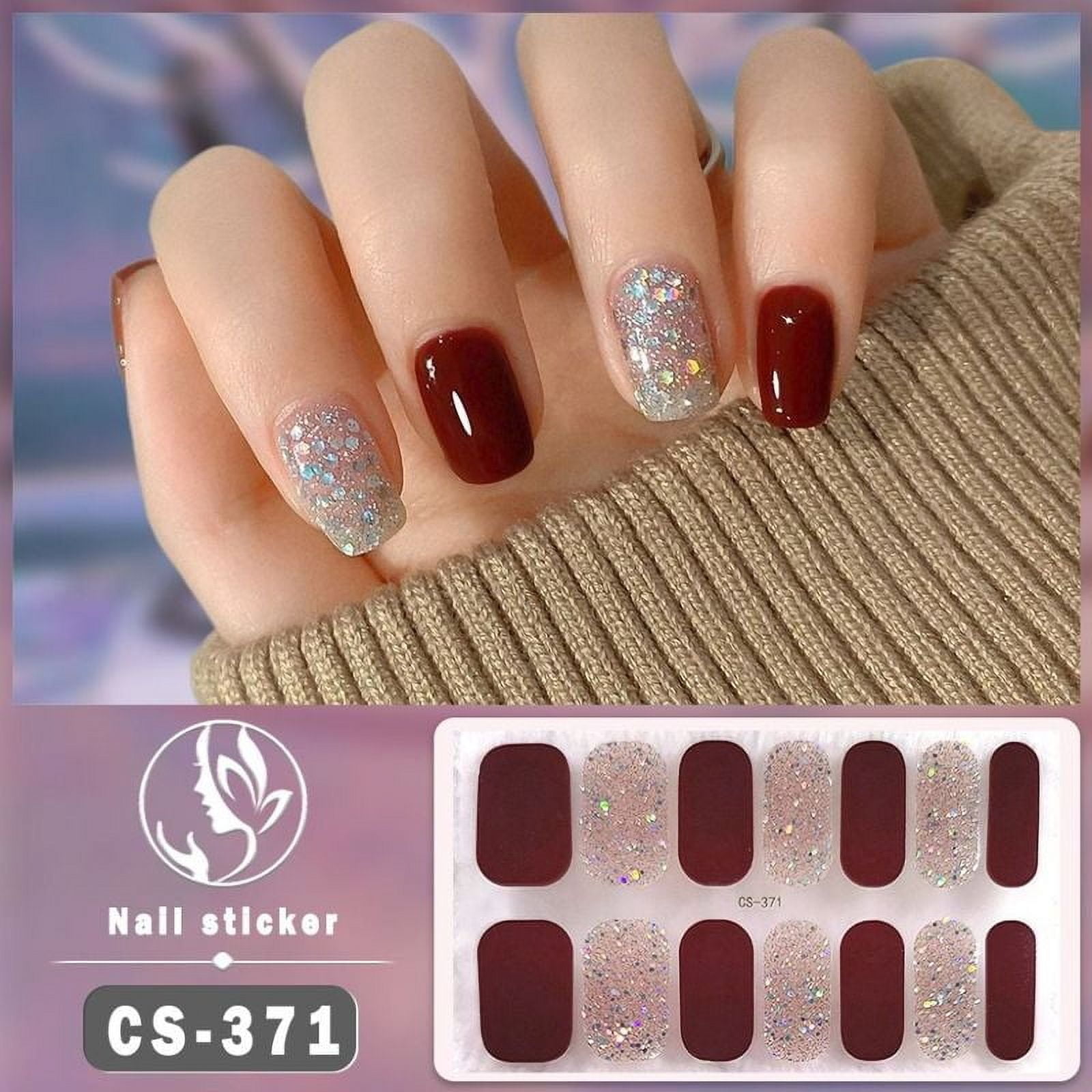 14Tips Semi Cured Gel Nail Stickers Foil Glittering Nail Art Stickers Self-Adhesive Simple Gel Full Nail Wraps