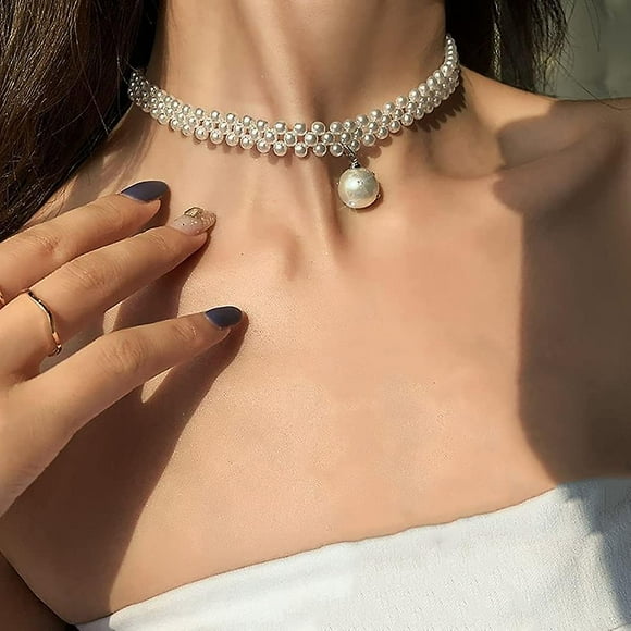 Pearl Choker Necklace Silver Crystal Short Necklaces Row Pearl Pendant Necklace Jewelry for Women and Girls