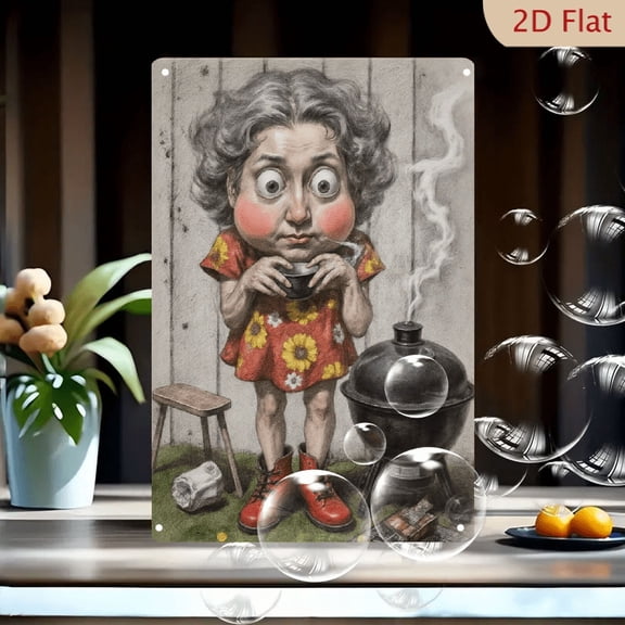 1pc Metal Wall Art, 8x12 Inches, Whimsical Elderly Woman with Sunflower Dress and Red Boots, Surreal Charcoal Grill Scene, Painterly Vintage Decor for Home,