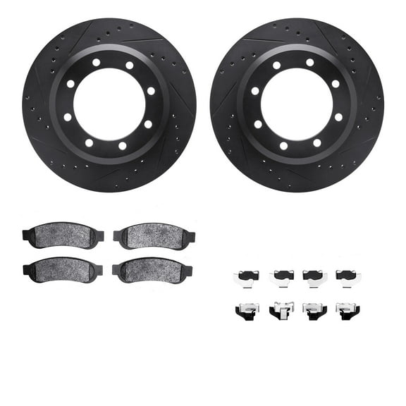 Dynamic Friction Company Rear Brake Rotors-Drilled and Slotted-Black with Ultimate Duty Performance Brake Pads includes Hardware 8412-54087
