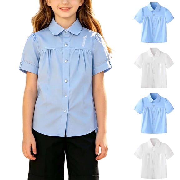 Cethrio Girls Cotton Dress shirts Size 14-16, Short Sleeve Summer School Uniform Casual Girls Button-down Shirts Light Blue