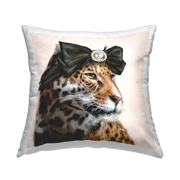 Stupell Industries Stylish Leopard Fancy Glam Hair Bow Jewel Design by Ziwei Li Throw Pillow