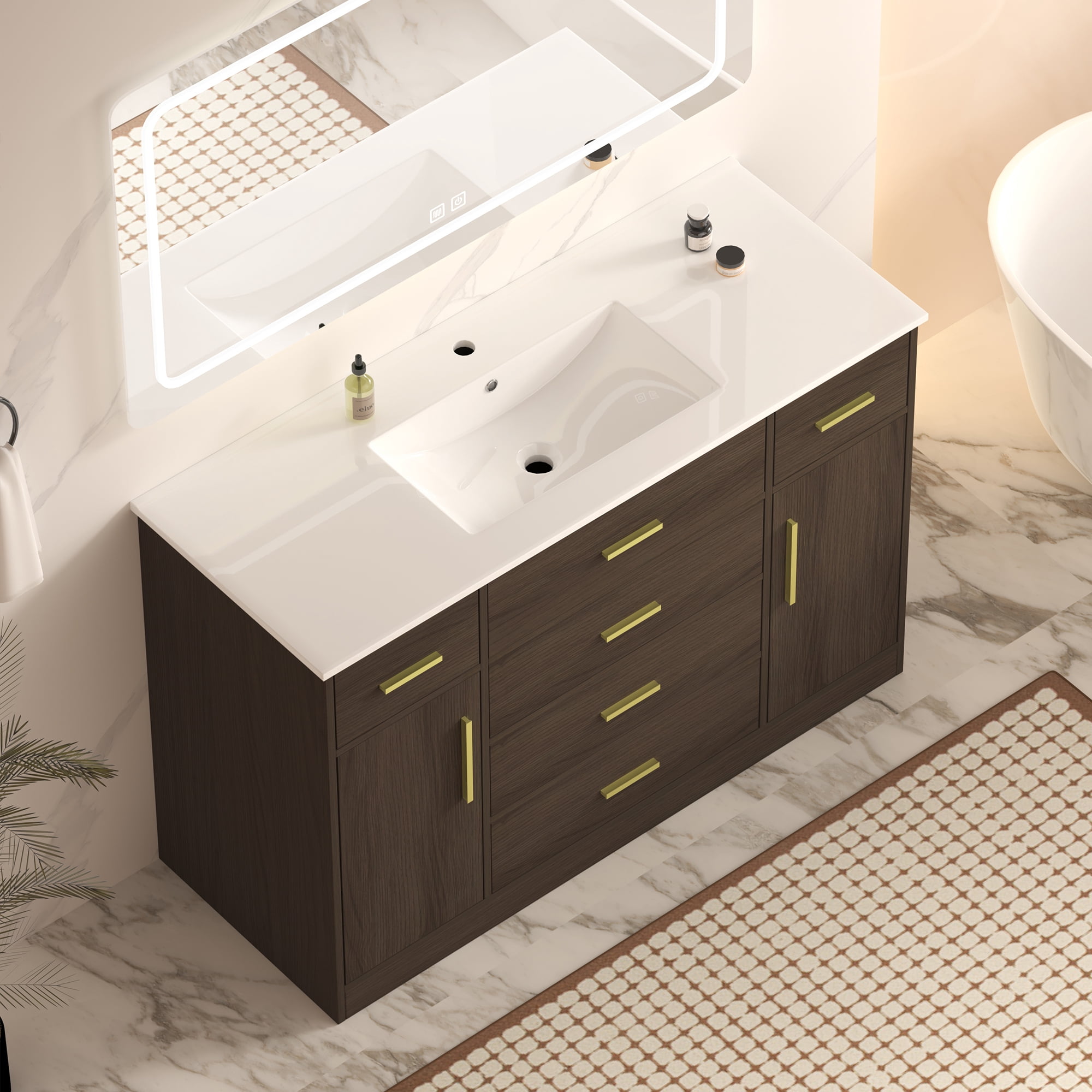 48 Inch Bathroom Vanity with Sink, 7 Drawers, 2 Soft Close Doors, Wood Cabinet, Dark Brown