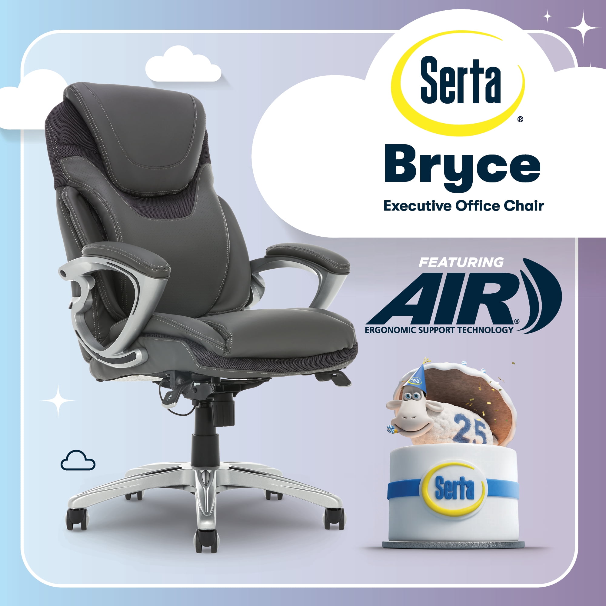 Serta Bryce Executive Office Chair, Ergonomic Computer Desk Chair with Patented AIR Lumbar Technology - Adjustable Height, Memory Foam Body Pillows, 360° Swivel Rolling Base, Bonded Leather, Gray