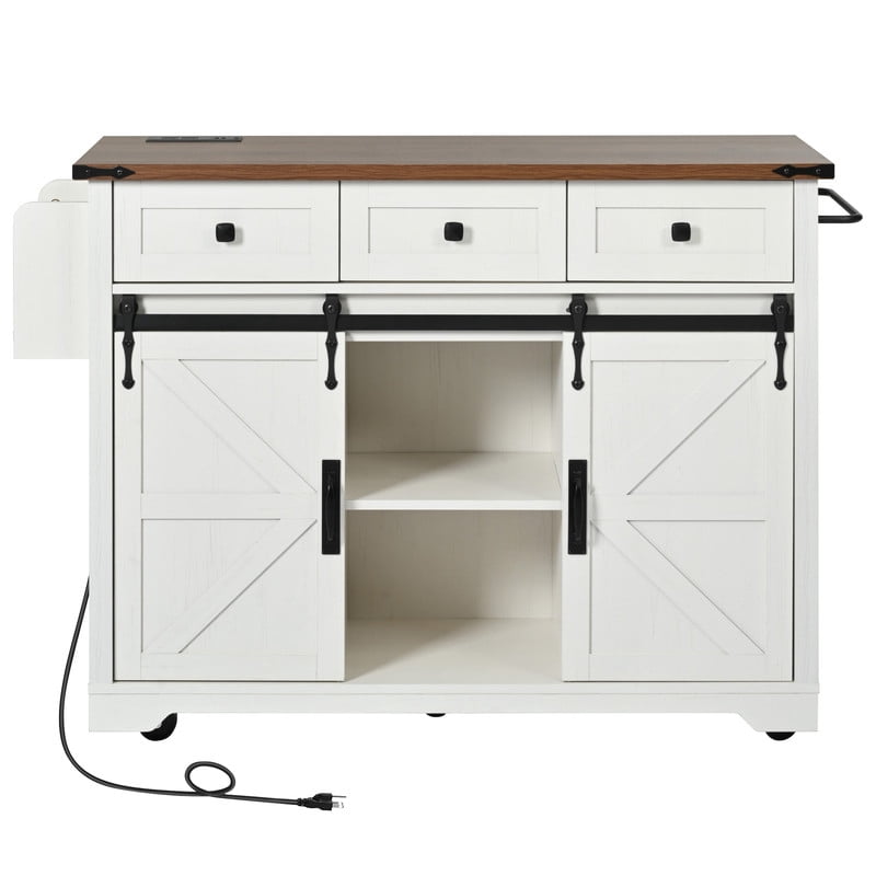 Bellemave 53.7" Kitchen Island with Power Outlet & Drop Leaf, Rolling Island with Table with Storage Drawers & Cabinet, Kitchen Island Cart with Spice Rack & Towel Rack on Wheels（White)
