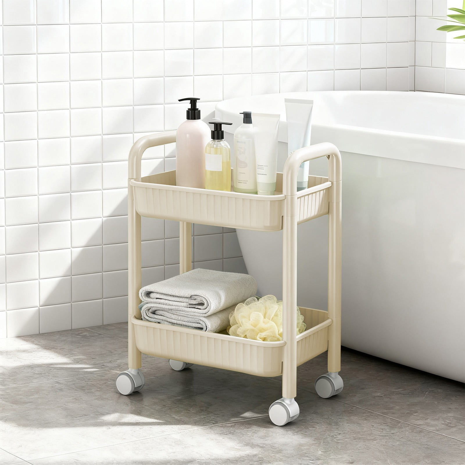Two Tier Plastic Rolling Cart With Locking Swivel Casters, Lightweight Sturdy Large Capacity, Easy Assembly Handle Design, Mobile Storage, For Kitchen Office Bedroom Pantry Laundry Room Organization