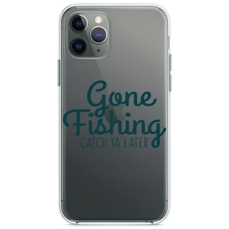 DistinctInk Clear Hybrid Case for Apple iPhone 13 Pro (6.1 Screen) - Gone Fishing Catch Ya Later - Tempered Glass Back