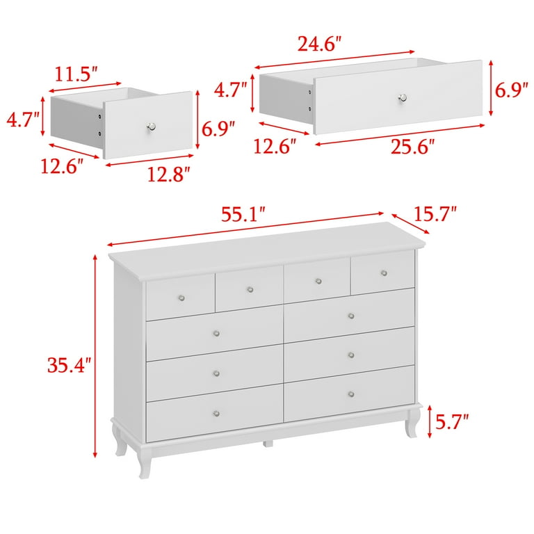 MONSLIPA 10 Drawer Dresser, 55.1'' W, White with Spacious Top - Walmart.com