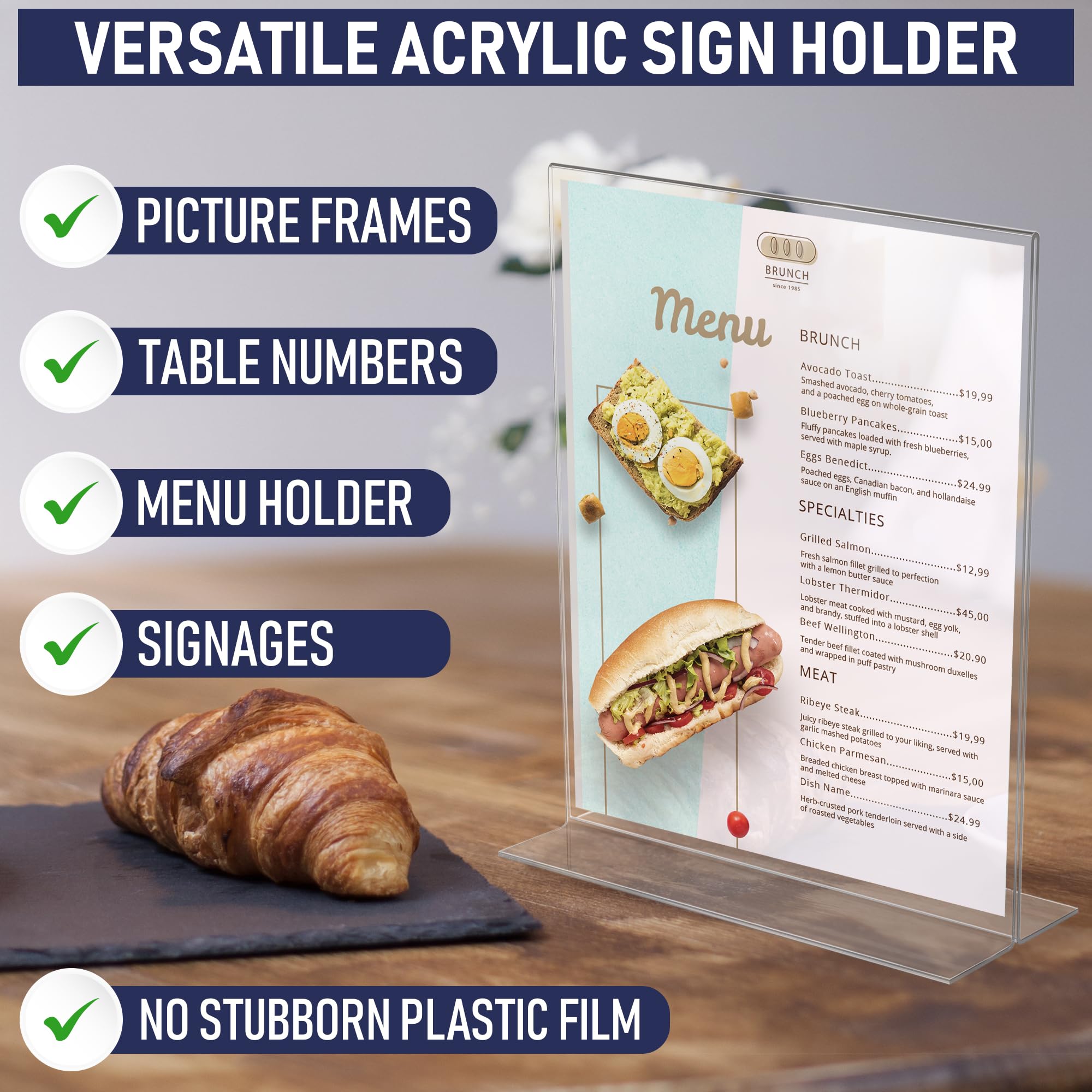 Double-Sided Picture Frame 5x7, 6-Pack Acrylic Clear Frames for Photos, Table Menu Stand, Portrait Ad Display, Bottom-Load Display, and Table Numbers for Weddings or Events