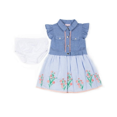 Short Sleeve Chambray & Seersucker Puff Print Dress (Baby Girls & Toddler