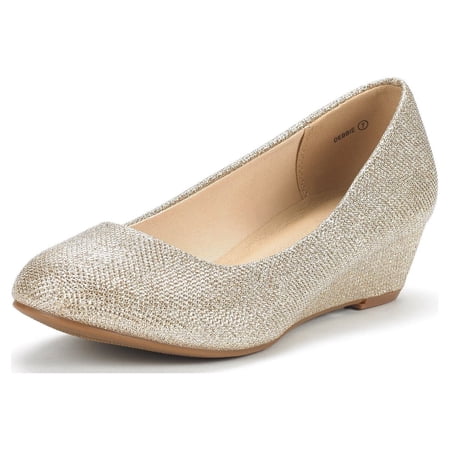 Dream Pairs Women s Mid Wedge Heel Pump Shoes Debbie color GOLD/GLITTER size 8 Wide Available