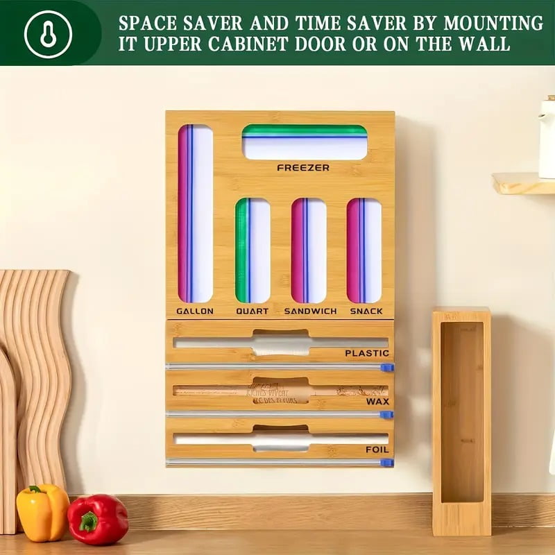 9 in 1 Storage Bag Organizer for Kitchen Drawer Combo, Bamboo Foil and Plastic Wrap with Cutter, Organizers Compatible Gallon, Quart, Sandwich Snack Size, Birthday Gifts, New Year Gift