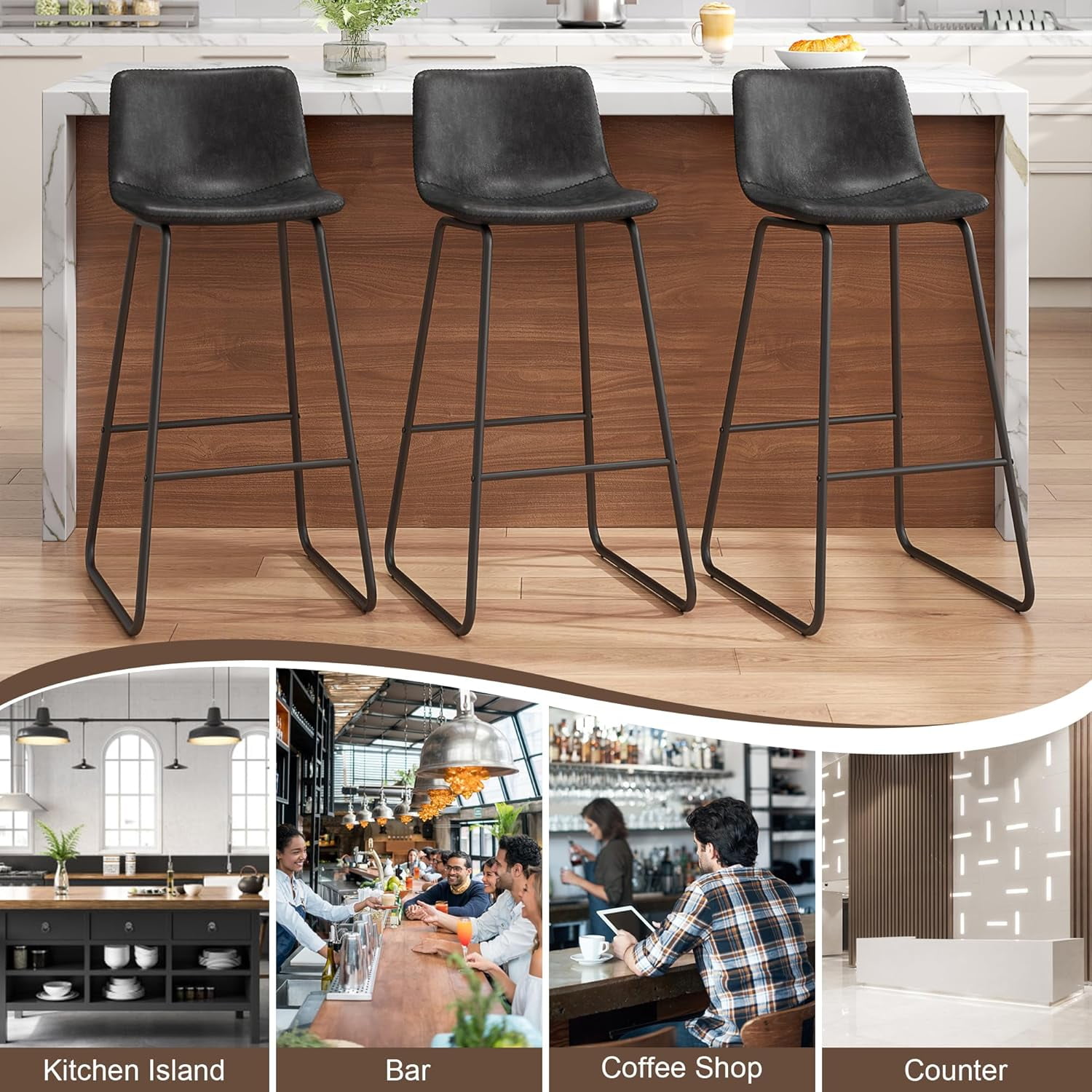 GIKPAL Bar Stools 30" Faux Leather Counter Height Barstools with Back Set of 2, Modern Counter Stools with Metal Legs and Footrest, Armless Chairs with Back for Kitchen Living Room Pub, Black