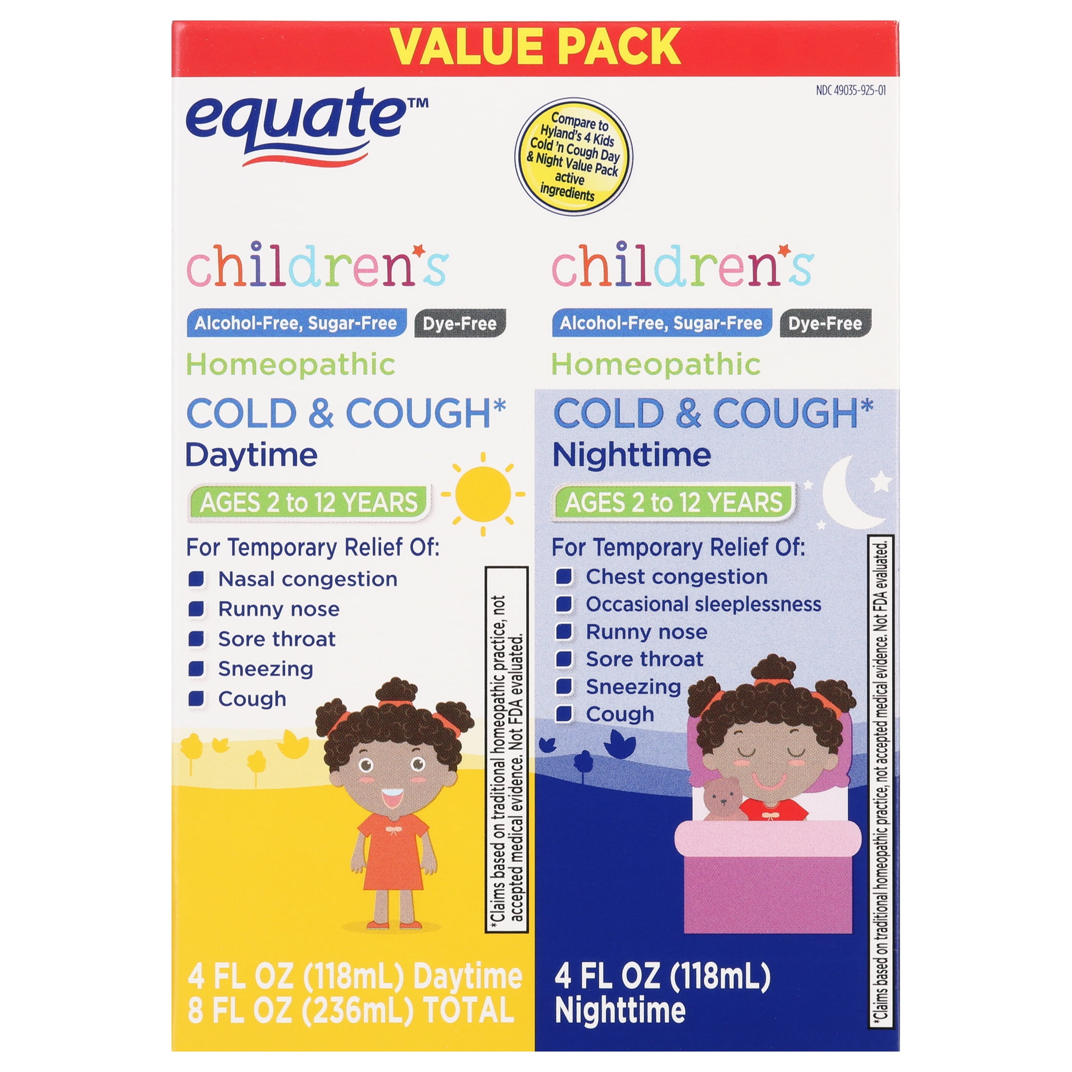 Equate Children's Homeopathic Daytime & Nighttime Cold & Cough Liquid Twin  Pack, 4 fl oz 