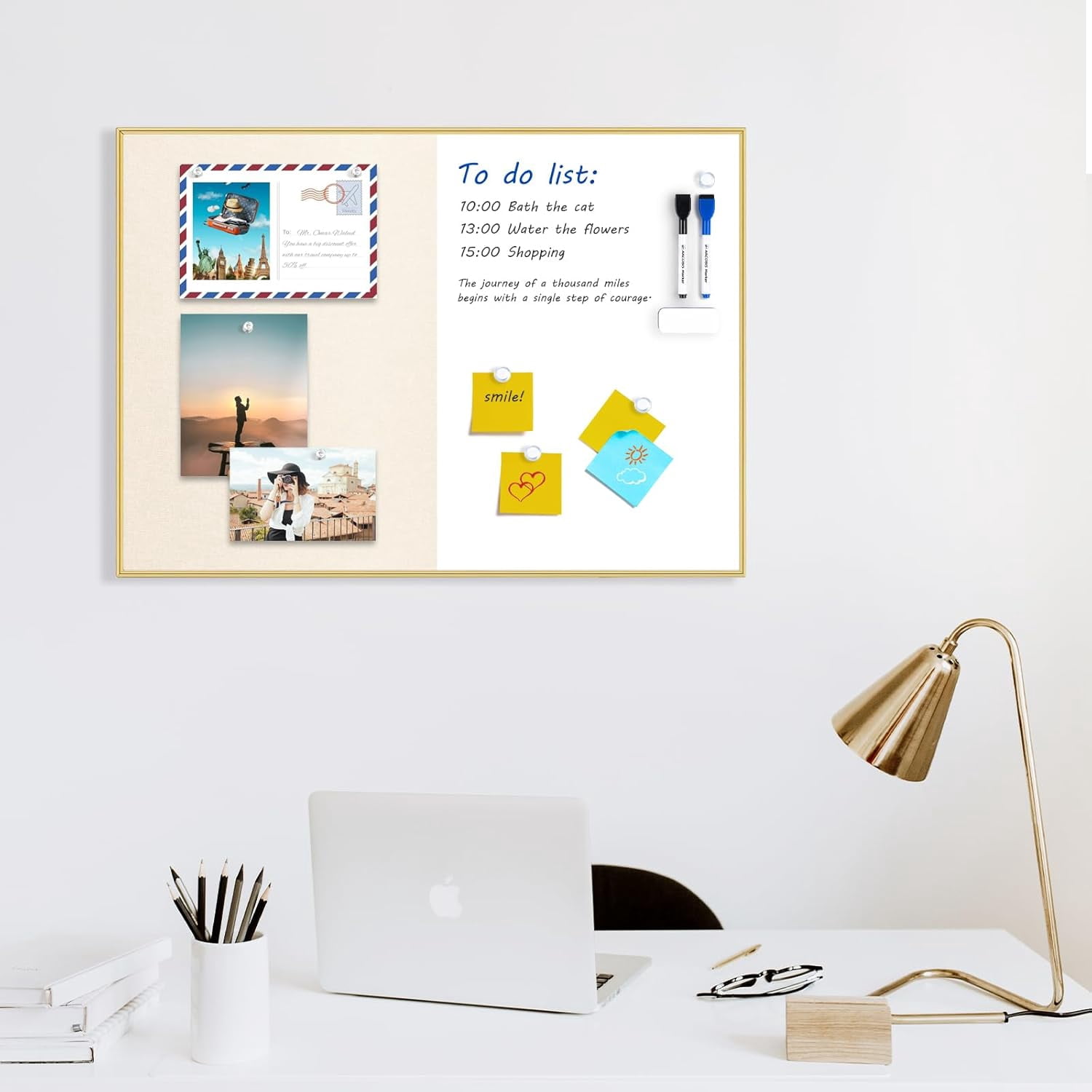 Dry Erase Cork Board Combo, 24"X18" Whiteboard with Linen for Wall, Magnetic Dry Erase Bulletin Board, Vision Board for Home, Office, School, Off White