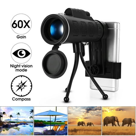 40X60 High Power Compact Monocular Telescope HD Dual Focus Scope With Cell Phone Holder +Tripod Mount, Waterproof Low Night Vision Remote Controls for Hunting Camping