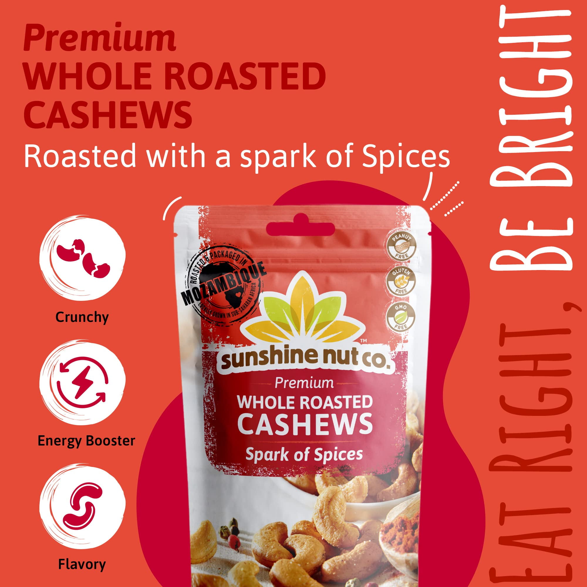 Whole Roasted Lightly Salted Cashews by Sunshine Nut Co., Gluten Free, Peanut Free and Vegan Individual Snack Packs for Kids and Adults, Spark of Spices Flavor, GMO Free, 6 Pack, 7 oz. Each