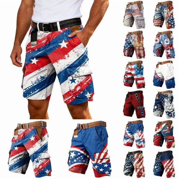 Krdevn Men's Distressed American Flag Print Cargo Shorts Independence Day Casual Utility Workwear Shorts