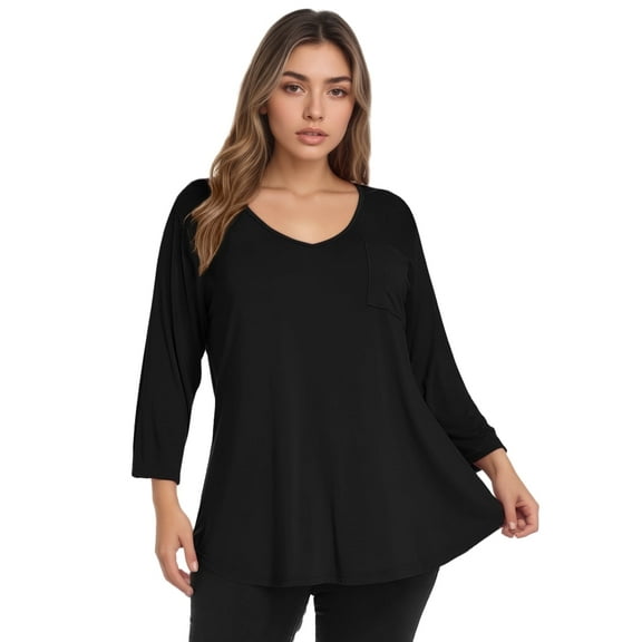CRAYNER 3/4 Sleeve T-Shirts for Womens Casual V-Neck Tunic Tops Loose Fit Basic Tees Blouses Lightweight Pullover with Pocket
