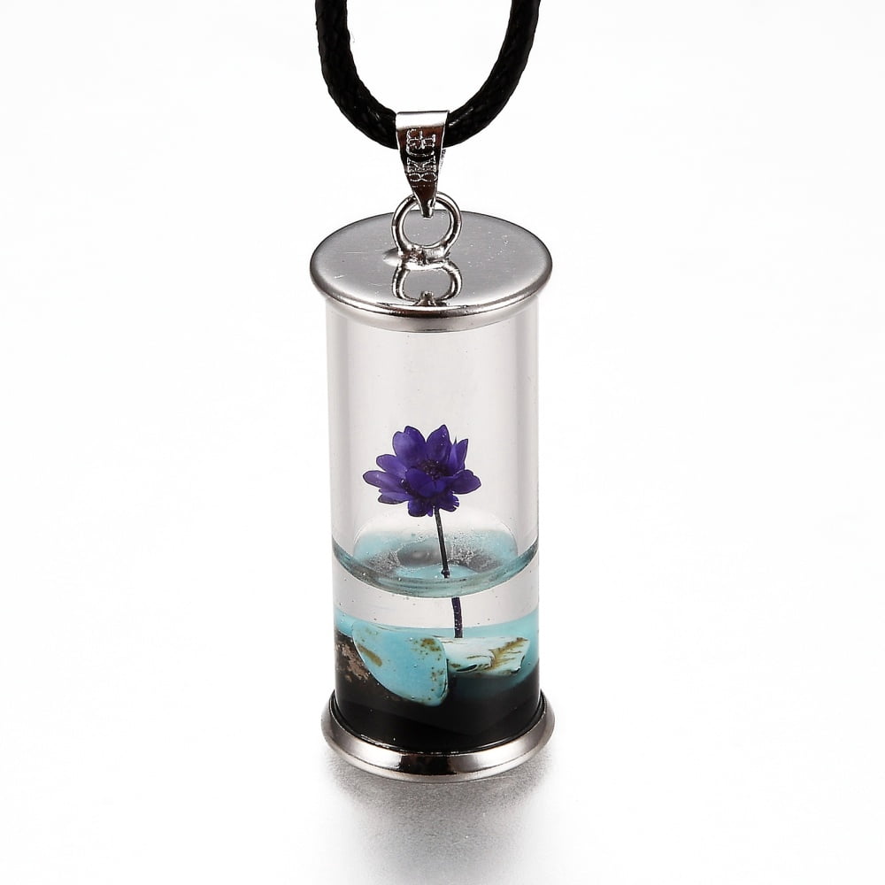 10 pc Glass Wishing Bottle Leather Cord Pendant Necklaces with Dried Flower & Natural Gemstone Chip Beads Inside Platinum Mixed Color 17-3/8 inch(44.05cm)