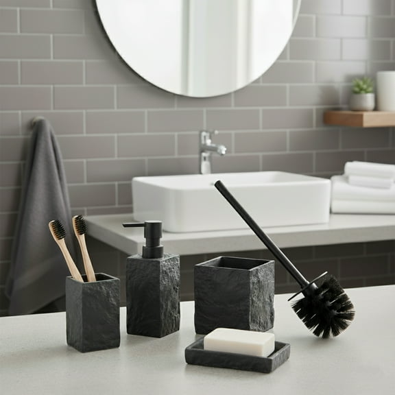 Collection Stone Effect Black Bath Accessory Set-4 pieces