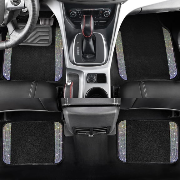 Crystal Rhinestone Car Floor Mats Sparkling Durable Waterproof Non-Slip Auto Foot Pads, Fashionable Car Interior Flooring & Carpeting, 4-Piece Set for Women