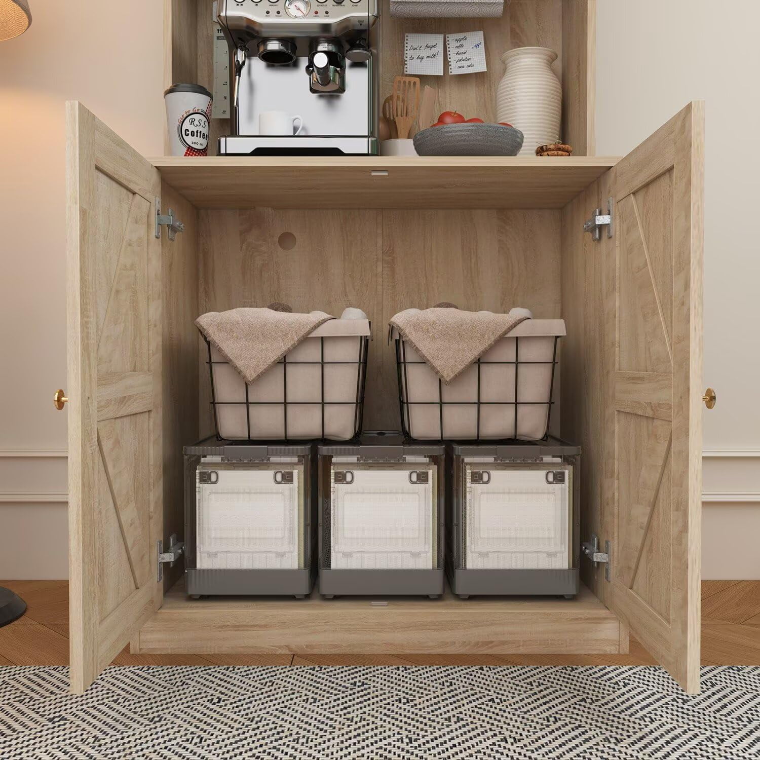 Farmhouse Pantry Cabinet 3-Piece Set, Brown, Glass Doors, Freestanding Microwave Stand, Storage Cabinet