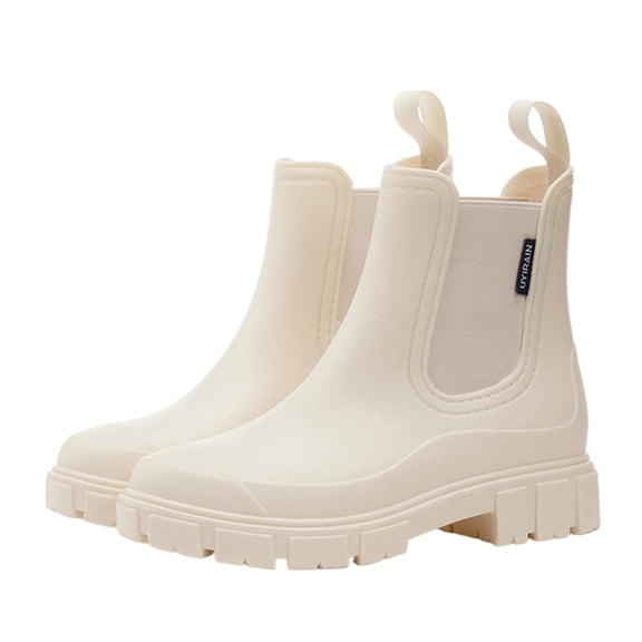 Waterproof Rubber Chelsea Rain Boots Muddy Garden Yard Working, Thick Lug Sole Slip On Booties Outdoor Travel Wearing, Comfortable Heavy Duty Utility Footwear Street Style Trend, Beige 6