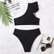 thumbnail image 5 of Bikini de un hombro para mujer, conjunto de Bikini de talle alto elástico con bloqueo de Color, ajustado, para fiesta de natación, blanco y negro XL, 5 of 5