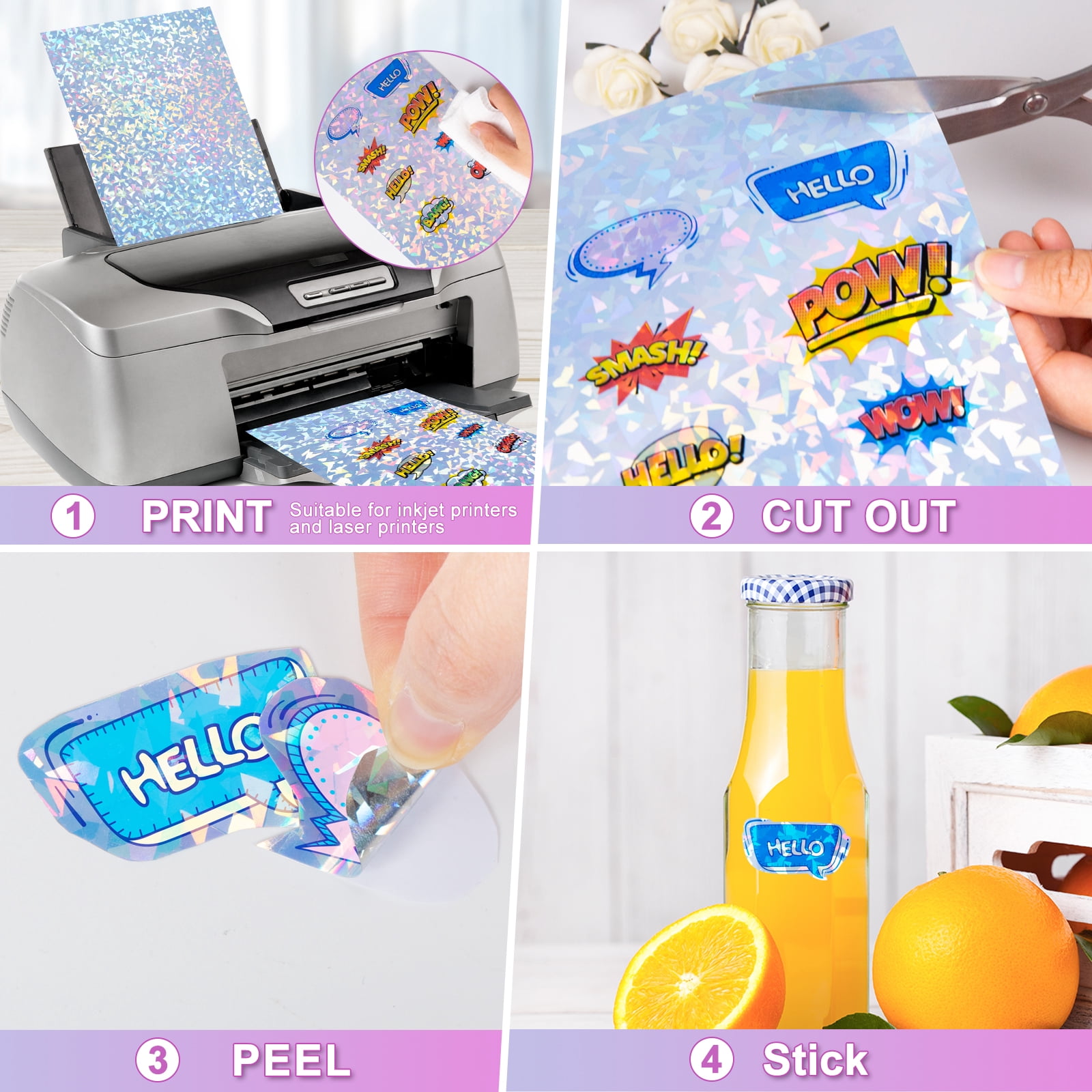 20 Sheets Holographic Sticker Paper for Inkjet & Laser Printer, 8.5x11 inch Printable Vinyl Sticker Paper, Dries Quickly Waterproof Sticker Paper, Diamond/Rainbow/Dots/Transparent