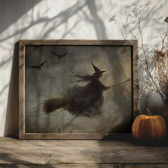 Witching Poster Wall Decor Flying Witch Canvas Art Prints Painting Picture Artwork Home Rustic Farmhouse Halloween Bedroom Decoration No Frame