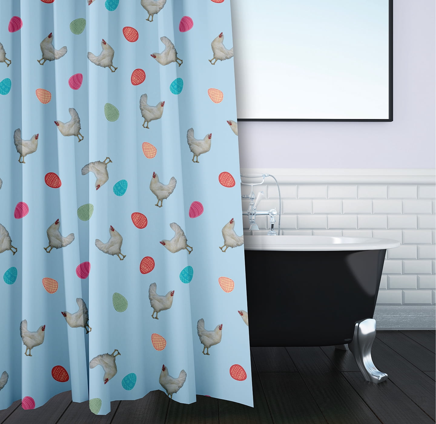 Simply Daisy 70" W x 73" L Chickens and Eggs Polyester Shower Curtain, After Rain Blue [1 Ct]